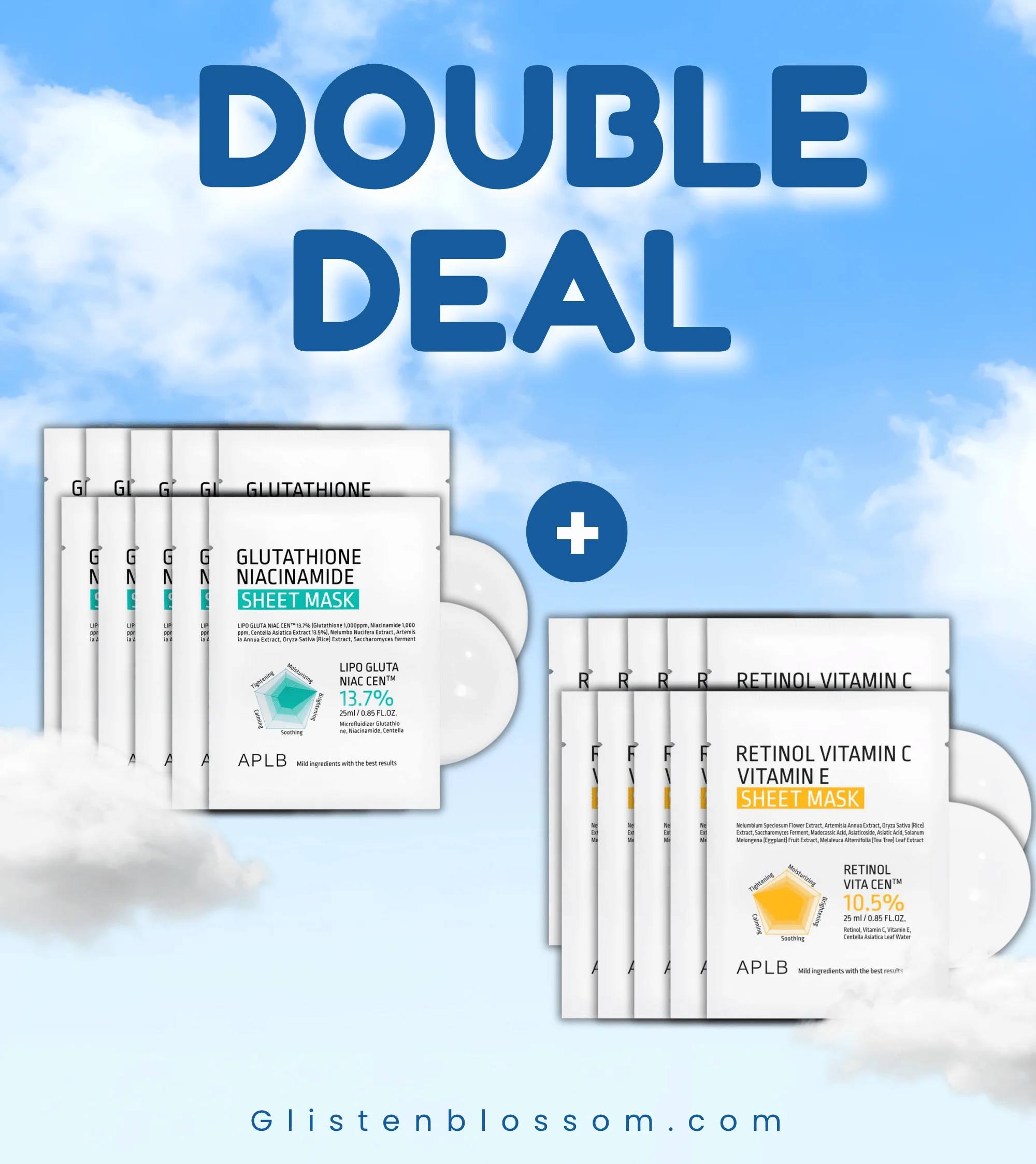 [x2 Double Deal] APLB Retinol Vitamin C Vitamin E +Glutathione Niacinamide Sheet Mask (10EA)